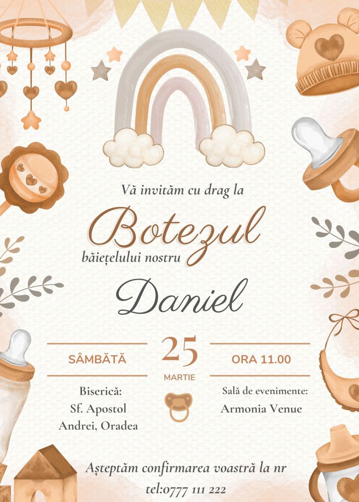 Invitație personalizată de botez, curcubeu - imagine 2