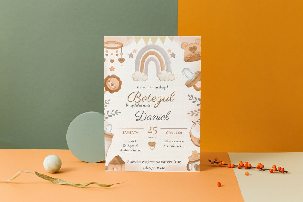 Invitație personalizată de botez, curcubeu