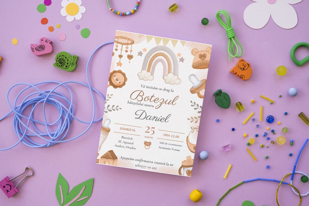 Invitație personalizată de botez, curcubeu - imagine 3
