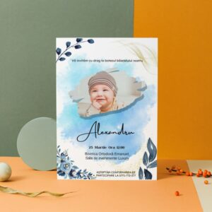 Invitație personalizată de botez, flori