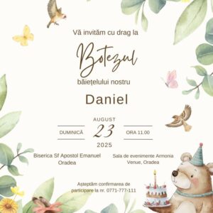 Invitație personalizată de botez, animale