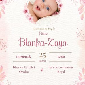 Invitație personalizată de botez, floricele roz
