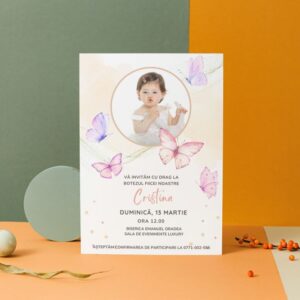 Invitație personalizată de botez, fluturi