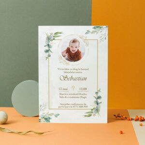 Invitație personalizată de botez, golden frame v2