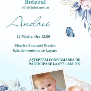 Invitație personalizată de botez, blue flower