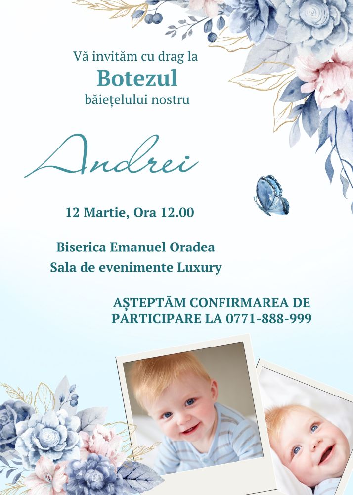 Invitație personalizată de botez, blue flower - imagine 2
