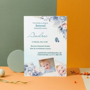 Invitație personalizată de botez, blue flower