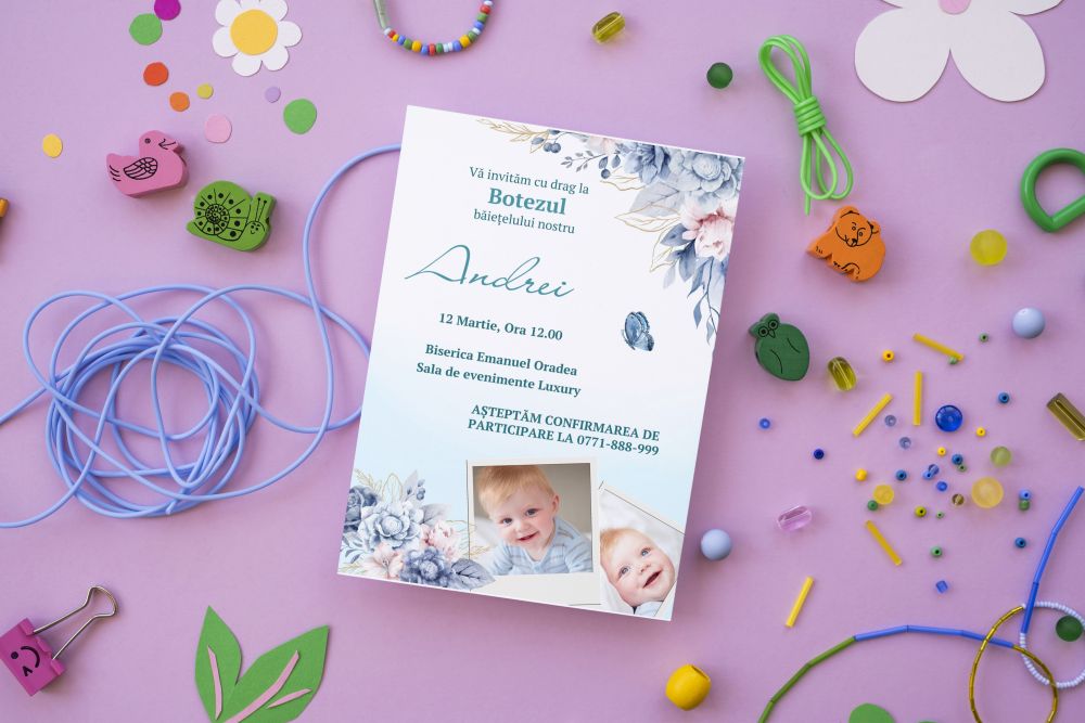 Invitație personalizată de botez, blue flower - imagine 3