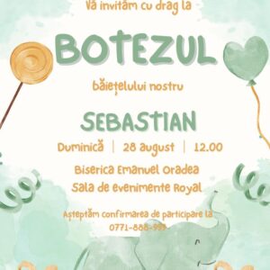 Invitație personalizată de botez, elefant