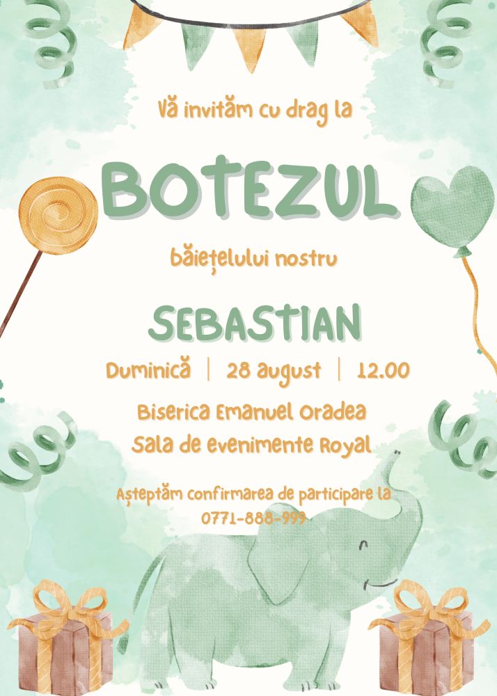 Invitație personalizată de botez, elefant - imagine 2