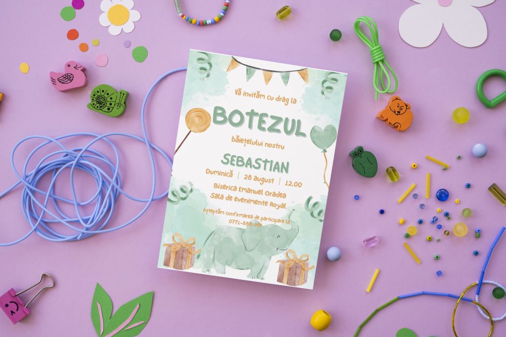 Invitație personalizată de botez, elefant - imagine 3