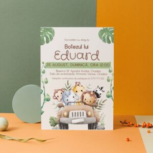 Invitație personalizată de botez, junglă, mașină