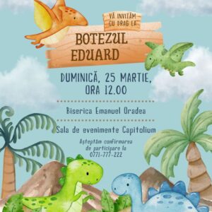 Invitație personalizată de botez, dinozauri