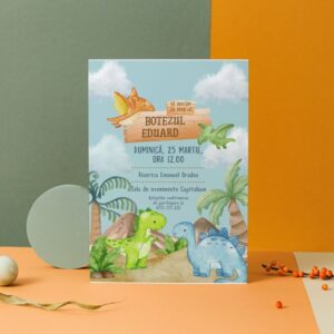 Invitație personalizată de botez, dinozauri