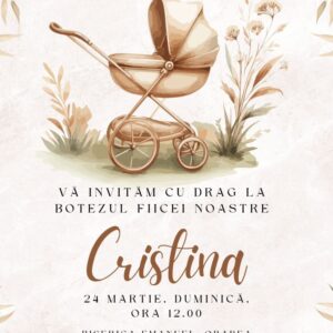 Invitație personalizată de botez, cărucior bebe