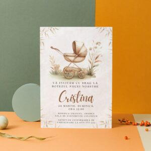 Invitație personalizată de botez, cărucior bebe